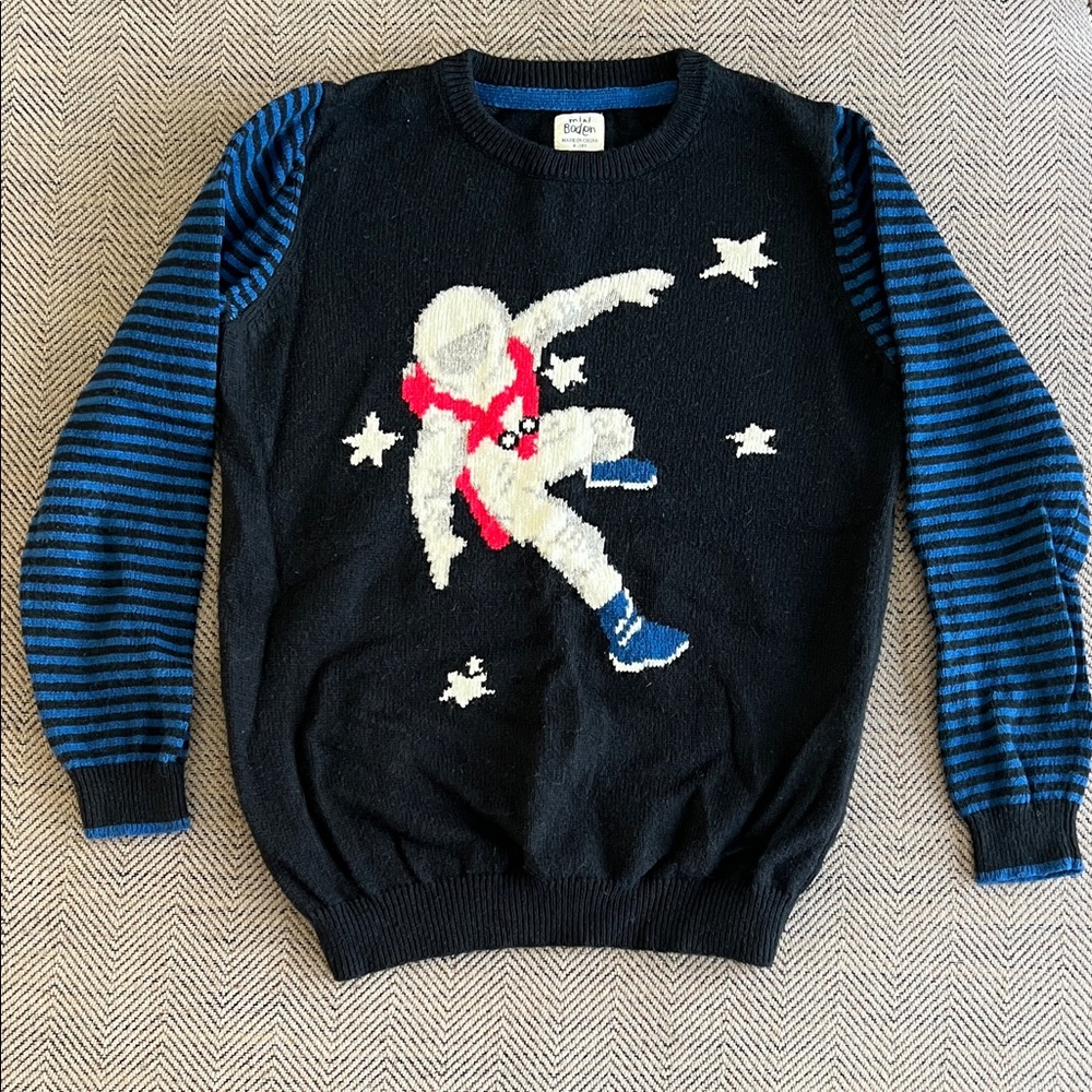 Mini Boden Black & Blue Astronaut Crewneck Sweater w/ striped sleeves size 9/10